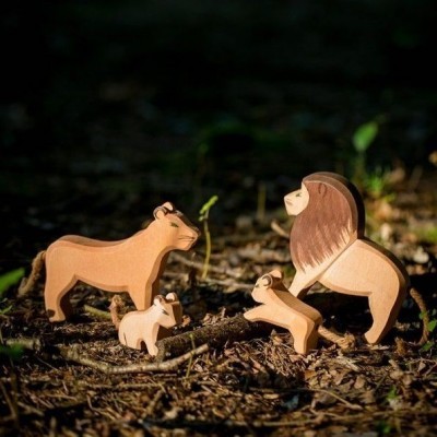 Figuras de animais de madeira sobre terra com folhas secas