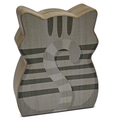 Caixa de madeira em forma de gato com padrão de listras cinzentas e pretas