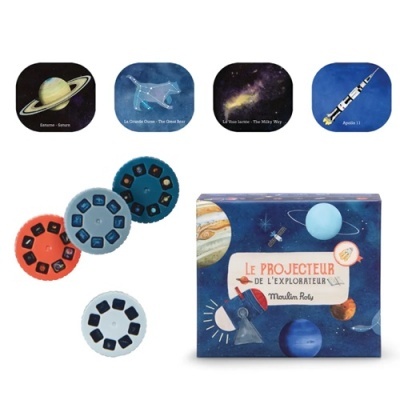 Projetor infantil da Moulin Roty com discos temáticos do espaço e caixa ilustrada