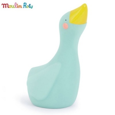 Brinquedo de pato azul claro com bico amarelo e bochechas cor de rosa