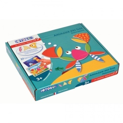 Caixa colorida de brinquedo com imagem estilizada de um caranguejo feita de peças geométricas, texto em francês e indicação para 3+ anos