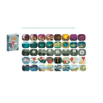 Jogo de cartas educativas com ilustrações coloridas e caixa azul com texto La Course Vertige