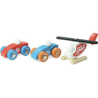 Brinquedos de madeira: dois carros coloridos e um helicóptero de resgate.