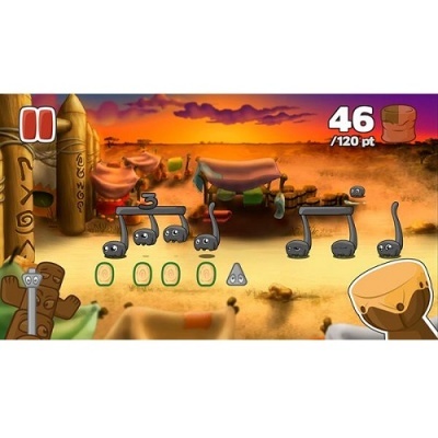 Jogo com notas musicais negras num cenário desértico com tendas