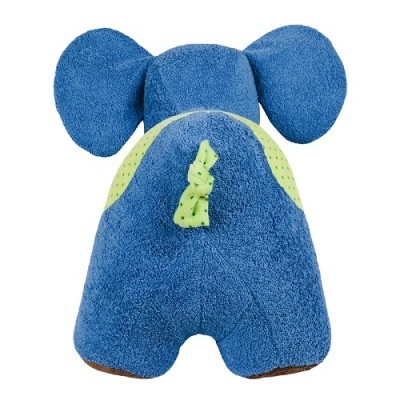 Peluche elefante azul visto de costas com detalhes verdes