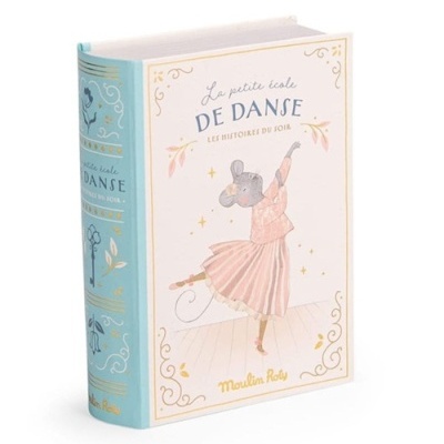 Livro caixa com ilustração de rato a dançar em azul, rosa e dourado