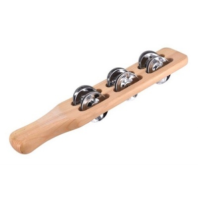 Maraca de mão de madeira com discos metálicos prateados