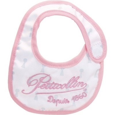 Babete branco com bordas e texto cor-de-rosa e padrão cinzento