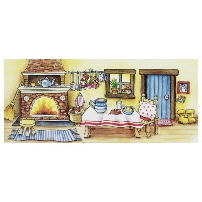 Ilustração de cozinha rústica com lareira, mesa e cadeira