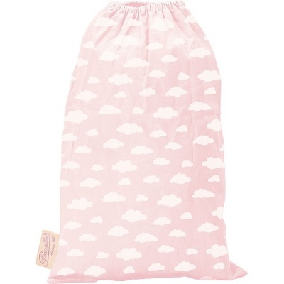 Saco rosa claro com nuvens brancas e etiqueta Pipicui