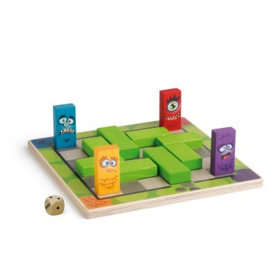 Jogo de tabuleiro de madeira com peças coloridas e dados