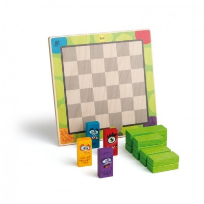 Jogo de tabuleiro colorido com peças retangulares de madeira e rostos caricatos