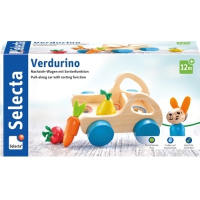 Carro de brinquedo de madeira com figuras de vegetais e coelho para crianças a partir de 12 meses