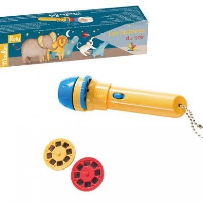 Lanterna amarela e azul com discos de slides e caixa ilustrada.