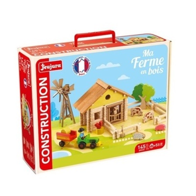 Caixa de jogo de construção em madeira com fazenda, moinho, animais e trator