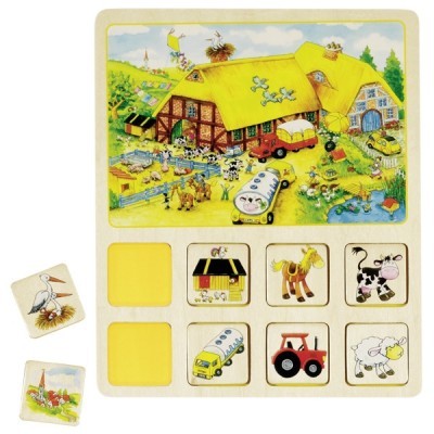 Puzzle de madeira infantil com imagens rurais e peças destacáveis de animais e veículos