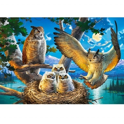 Desenho de corujas adultas e filhotes num ninho junto a lago e montanhas