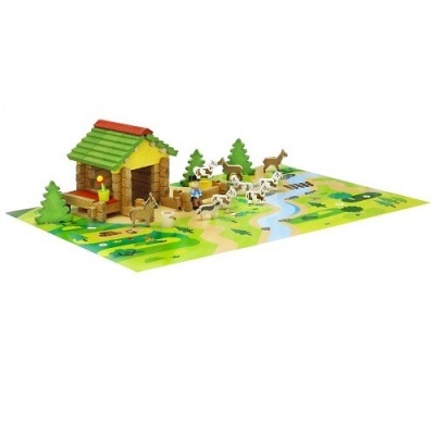 Brinquedo de madeira com casa, animais e pessoas sobre base ilustrada