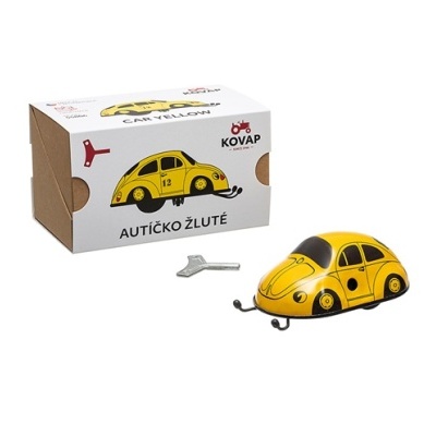 Carrinho amarelo retro de metal com chave e caixa