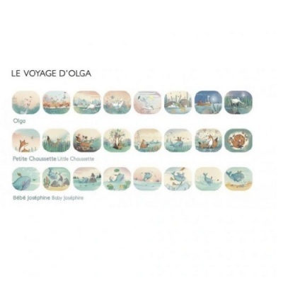 Sequência de pequenas ilustrações em tons pastel com título LE VOYAGE D'OLGA