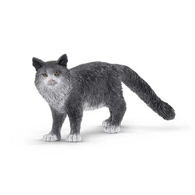 Figurinha de gato cinzento e branco com textura detalhada de pêlo