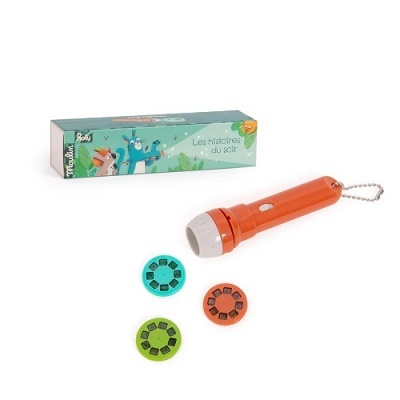 Projetor de histórias infantil com caixa colorida e três discos para projeção