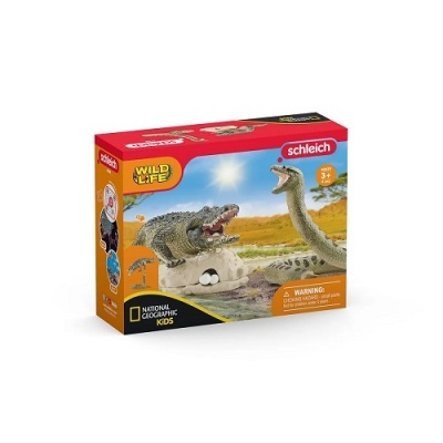 Brinquedo Schleich Wild Life com figuras de crocodilo e répteis em embalagem colorida.