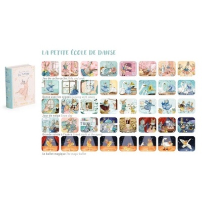 Jogo de cartas de dança com ilustrações e texto bilíngue em caixa azul claro