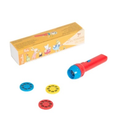 Lanterna vermelha e azul com três discos coloridos e embalagem amarela com desenhos de animais