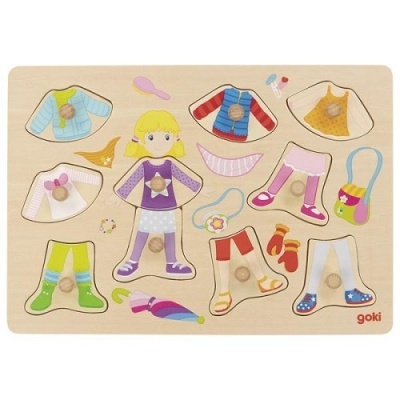 Quebra-cabeça de madeira com boneca e roupas destacáveis coloridas
