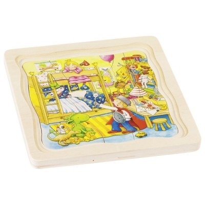 Puzzle de madeira com imagem colorida ilustrada de quarto infantil com brinquedos