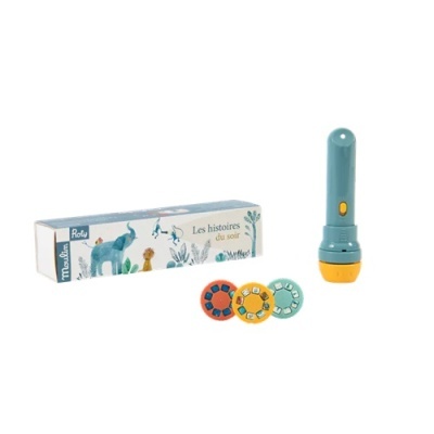 Projetor infantil azul com discos coloridos e caixa com texto