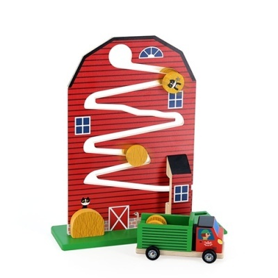 Brinquedo de madeira temática de quinta com camião verde e vermelho