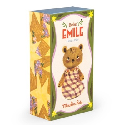 Embalagem com ilustração ursinho vestido e texto Bébé EMILE