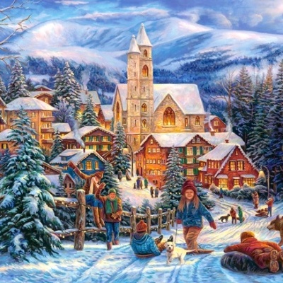 Aldeia de montanha coberta de neve com casas, pinheiros, pessoas e igreja ao fundo