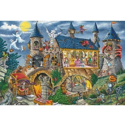 Ilustração colorida de castelo de conto de fadas com elementos de Halloween em cenário noturno