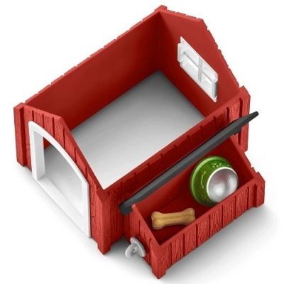 Casa para cães vermelha com prato verde e osso