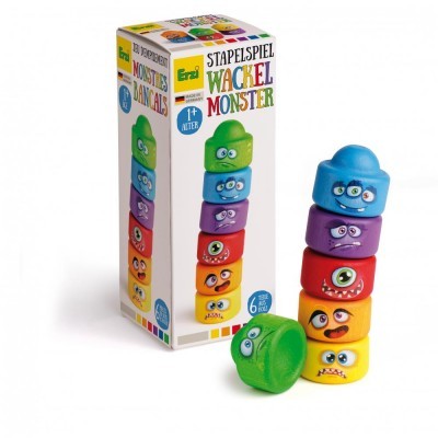 Jogo de empilhar Wackel Monster colorido com rostos de monstros e embalagem