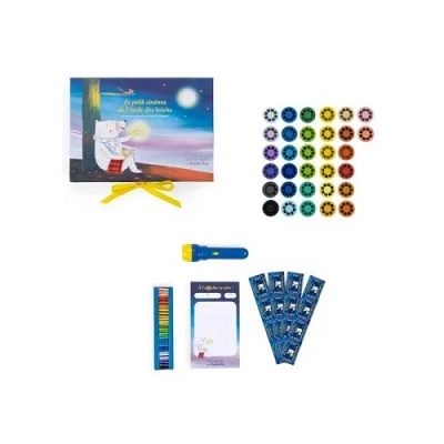 Kit infantil com livro, discos coloridos, lanterna, lápis de cor e cartões azuis