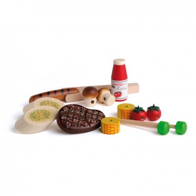 Conjunto de brinquedo de madeira com pizza, pão, cogumelos, ketchup, tomates, rodelas amarelas e pesos verdes