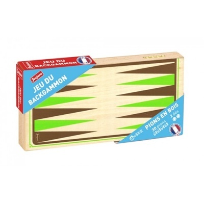 Jogo de backgammon em madeira com triângulos verdes e castanhos