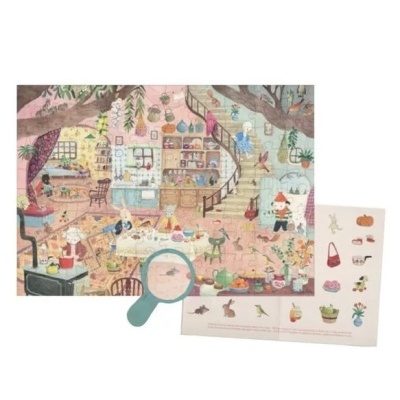 Puzzle ilustrado colorido de cenário interior com personagens e folha de desenhos para identificar