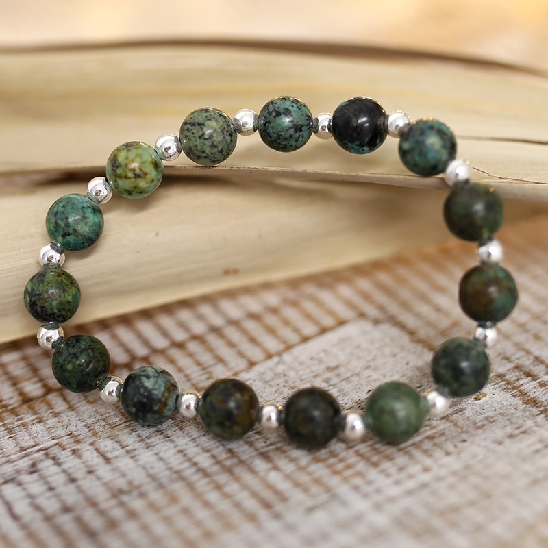 Pulseira de Turquesa Africana Com Pérolas de Prata Pulseira elástica de contas verdes e pretas com esferas prateadas
