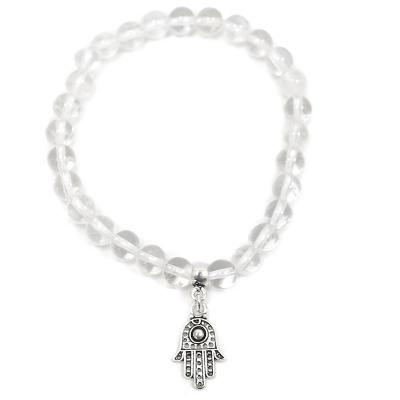 Pulseira elástica com contas transparentes e pendente mão de Fátima prateado