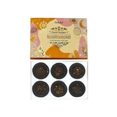Incenso em cones Goloka Palo Santo Sandalwood com caixa colorida aberta e cones visíveis