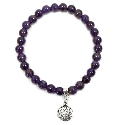 Pulseira de Ametista Com Flor da Vida de Prata