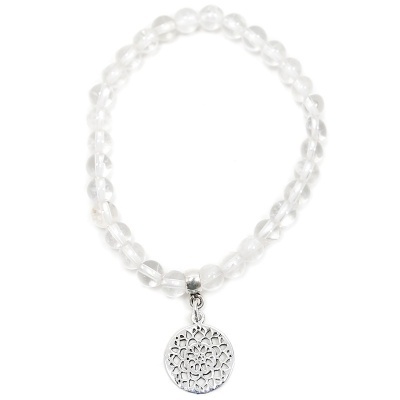 Pulseira de Quartzo Cristal Com Mandala de Prata