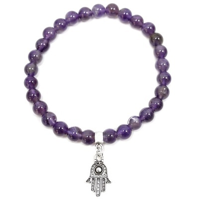 Pulseira de Ametista Com Mão de Fátima de Prata