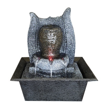 Fonte de água decorativa interior cinza com luz vermelha e base retangular