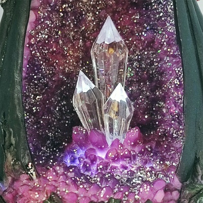 Cristais transparentes em base de cristais roxos com brilhos prateados e bordas verdes escuras